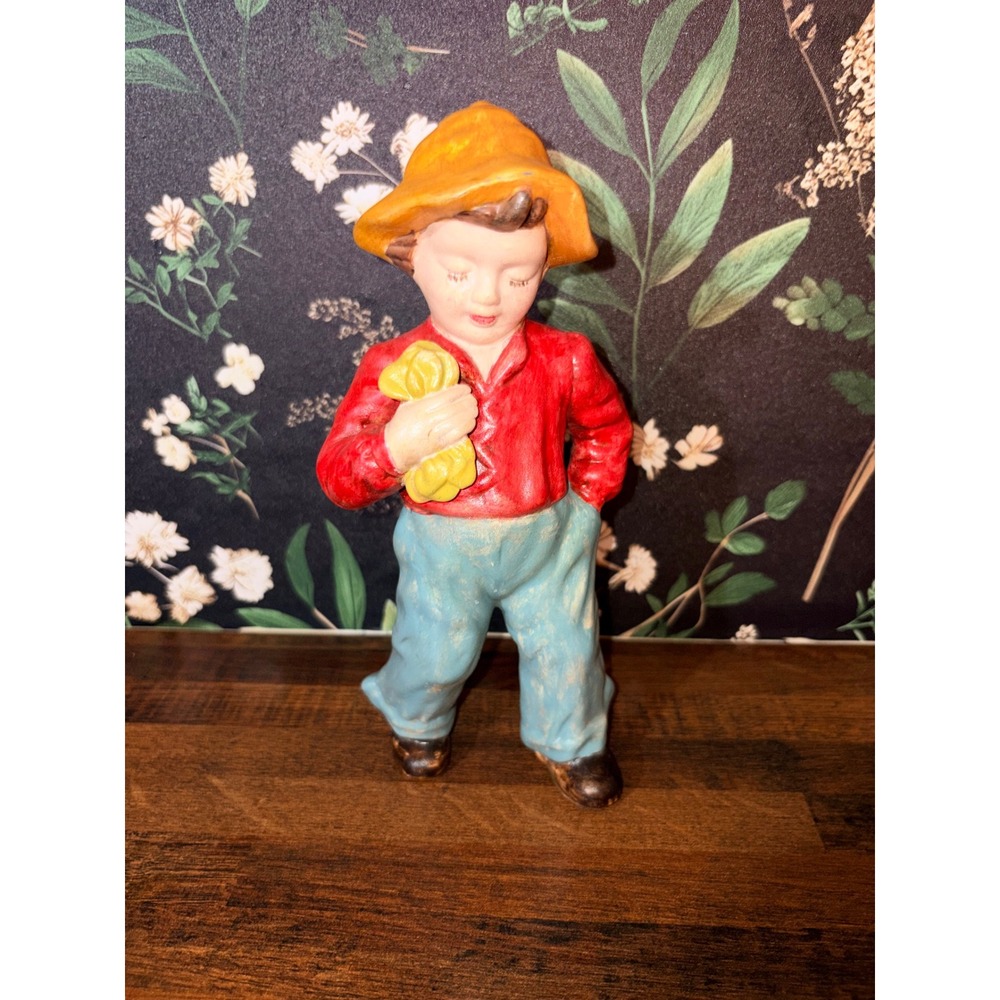 Vintage Hand Painted Boy Figurine Red Shirt Blue Pants Yellow Hat 8.5 Inch